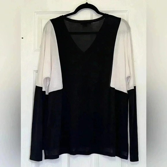 Vince Womens V Neck Shirt Black White colorblock Semi Sheer Long Sleeve Top Sz M - Picture 9 of 12